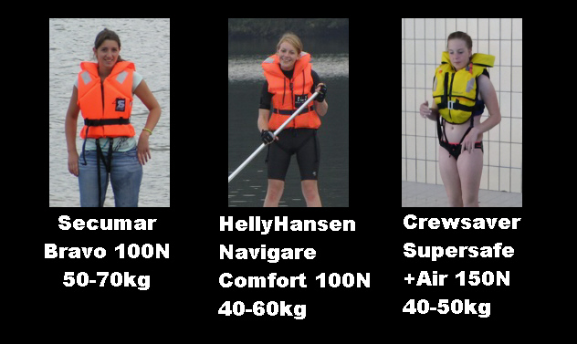 Seumar Bravo 100N 50-70kg - HellyHansen Navigare Comfort 100N 40-60kg - Crewsaver Supersafe +Air 150N 40-50kg